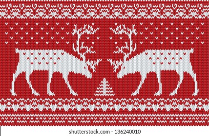 Red knitted sweater with deer seamless pattern