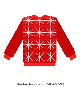 Red knitted sweater with snowflakes isolated on white background, vector illustration