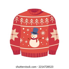 Red Knitted Sweater, Traditional Ugly Christmas Jumper with Snowman, Spruces and Snowflakes. Cozy Warm Clothing for Xmas Celebration Isolated on White Background. Cartoon Vector Illustration