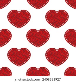 Corazón de patchwork textil de punto rojo sobre fondo blanco. Patrón veloz. Mejor para textiles, papel pintado, papel de envoltura, paquete y decoración del Día de San Valentín.