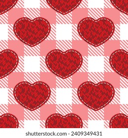 Red knitted textile patchwork hearts on lumberjack plaid background. Vector seamless pattern. Best for textile, wallpapers, wrapping paper, package and St. Valentine's Day decoration.