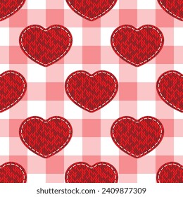 Corazón de patchwork textil de punto rojo sobre fondo tartrán. Patrón veloz. Mejor para textiles, papel pintado, papel de envoltura, paquete y decoración del Día de San Valentín.