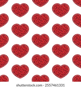 Red knitted textile patchwork hearts on white background. Vector seamless pattern. Best for textile, wallpapers, wrapping paper, package and St. Valentine's Day decoration.