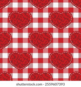 Red knitted textile patchwork hearts on lumberjack plaid background. Vector seamless pattern. Best for textile, wallpapers, wrapping paper, package and St. Valentine's Day decoration.