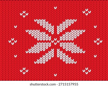 Red knitted texture with white snowflake ornament in Scandinavian style. Cozy winter design inspired by Nordic sweaters, perfect for Christmas backgrounds, holiday textiles, wrapping paper and seasonal decor.