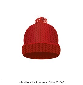 Red knitted winter cap, vector 