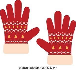 Red knitted winter gloves decorated with christmas detail pattern and zigzag line vector flat illustration isolated background