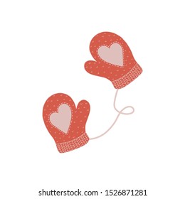 Red knitted winter gloves with string. Mitten decorated with heart. Good for Christmas or Valentine day decoration, posters, greeting cards, banners, textiles, gifts, shirts, mugs or other gifts.
