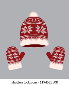 Red knitted winter hat and gloves