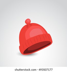 Red, knitted, winter hat icon isolated on neutral background. Vector art.