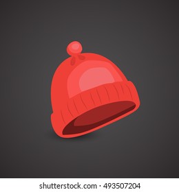 Red, knitted, winter hat icon isolated on neutral background. Vector art.