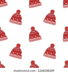 Red knitted winter hat. Simple and festive seamless pattern