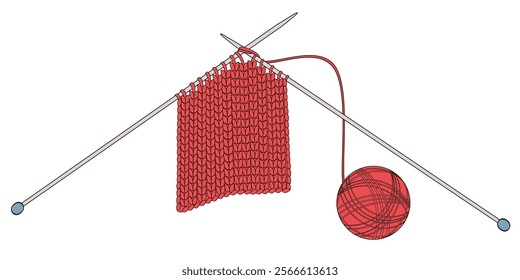 red knitted wool on white background with knitting needles for knitting warm clothes and hobbies needlework