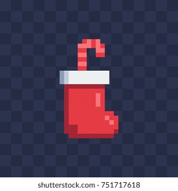 Red knitted xmas sock Icon. Christmas design. Pixel art style . Isolated vector illustration