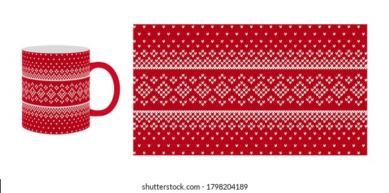 Red knitting print on coffee cup. Xmas seamless knit texture. Vector. Christmas winter pattern with rhombus and snow. Sweater, pullover illustration. Holiday fair isle traditional design.