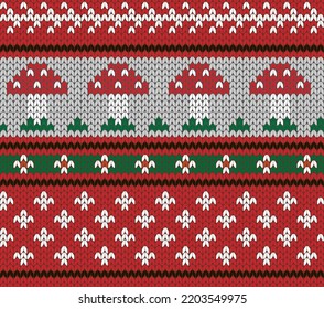 Red knitting seamless pattern with Sinek Agaric. Vector illustration.