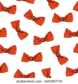 Red children’s knotted bows, geometric seamless pattern on a white background, vector illustration. For printing on textiles, clothing, gift wrapping, bags, wallpaper.