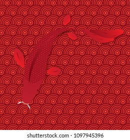 Red koi carps hand drawn in traditional Japanese style