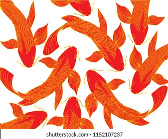 Red Koi Carps. Herd of red fish.