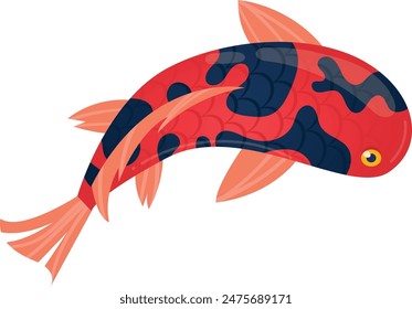 Rojo koi pescado negro marcas aislado fondo blanco. Aletas de color naranja intrincado patrón de escala. Animal acuático estilizado mirando hacia la izquierda