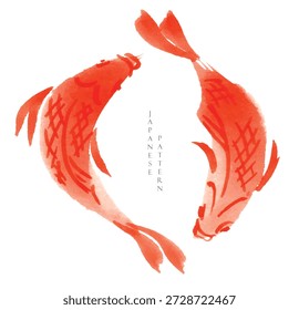 Red Koi fish with ink wash painting vector. Japanese art illustration.