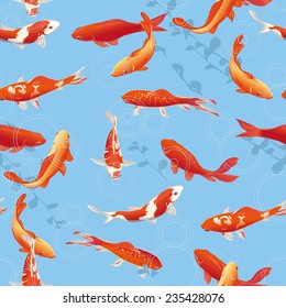 Peces koi rojos en el estanque Impresión vectorial sin costura