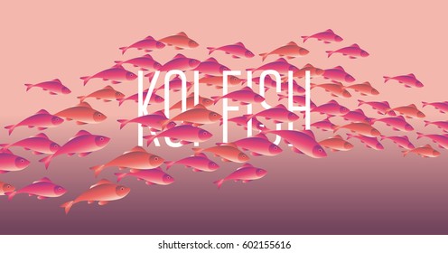 Red koi-fish vector illustration for header, web, print, card and invitation. Plenty of fish moving in the sea water.