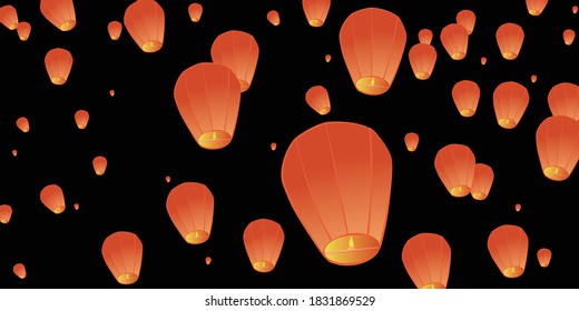 The red Kong Ming lantern under the night sky, Chinese New Year vector background material