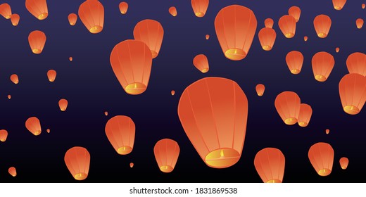 The red Kong Ming lantern under the night sky, Chinese New Year vector background material