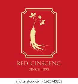 Red korean or chinese ginseng root logo. Silhouette style symbols on the red background. Golden color ginseng symbols for chinese medicine, food products, tea package. Vector illustration