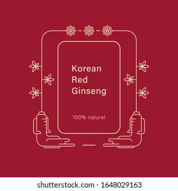 Red Korean Or Chinese Ginseng Root Logo, Badge, Label Text In Korean - Wild Cultivated Ginseng. Ginseng Symbol For Korean Cosmetics, Chinese Medicine, Food Products, Tea Package. Vector Illustration