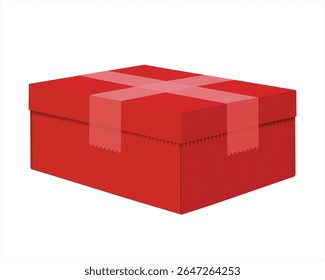 A caixa de embalagem de papelão Kraft vermelha. Caixa de presente da caixa de maquete realista do vetor. Caixa fechada com fita adesiva e marcação da carga. Encomenda selada com símbolos de transporte. Ilustração 3d realista de caixa fechada
