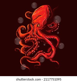 Red Kraken With Bubbles Vector Illustration 