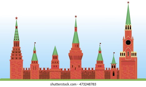 Red Kremlin arranged horizontally on the grass. Castle towers