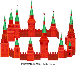 Red Kremlin are in the form of a circle on a white background. Fortress with towers and a clock