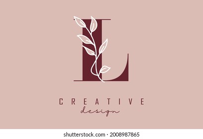 Diseño del logotipo de la letra roja L con ilustración vectorial de rama de hojas blancas. Icono creativo y elegante con letra L.