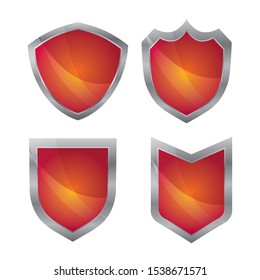 Red label and badges with silver border on white background