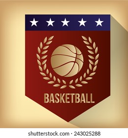 a red label with a basketball ball, text and a laurel wreath