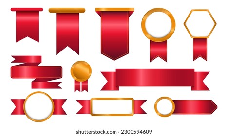 Red label design space text for promotion product packaging. Set of silk red and gold color ribbon vector illustration.