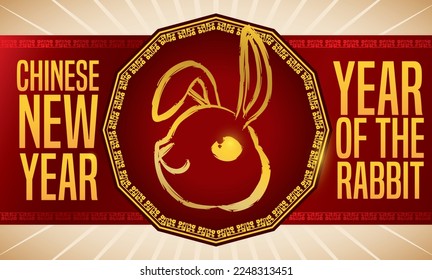 Red label and dodecagon button with bunny head in golden brushstrokes, celebrating the Chinese New Year of Rabbit.