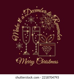Red label with gold romantic symbols. Elements are made of jewelry chains. Shiny fancy illustration for Christmas engagement , New Year Holiday.