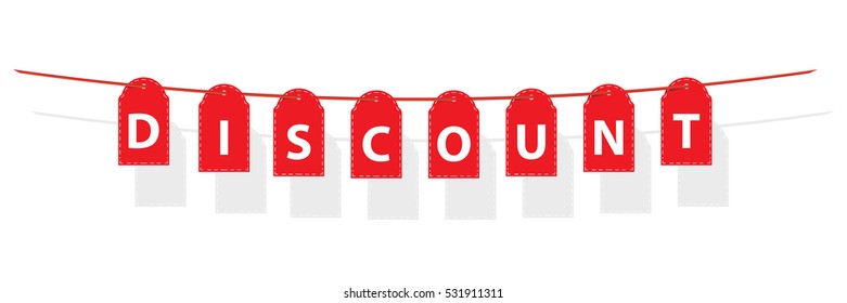 Red label hang on rope with text Discount . vector illustration .