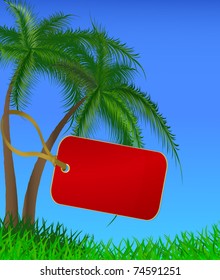 The red label hanging on a trunk of a palm tree. Vector