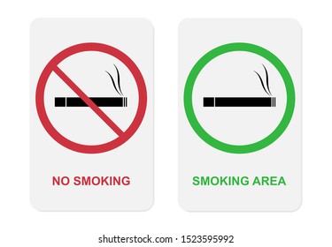 Red label No smoking and green sticker Smoking area. Smoldering cigarette icons in a round frame. Vector flat illustration isolated on white background.