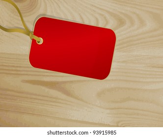 Red label on a wooden surface. Vector