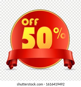 red label with realistic ribbon, vector of discount label, off 50% label promotions.