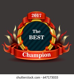 Red label with ribbons and flags. Vector illustration.
