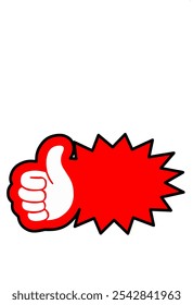 Red label tag design with hand giving thumbs up. Perfect for food and shop label advertising.