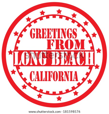 Red label with text Greetings From Long Beach