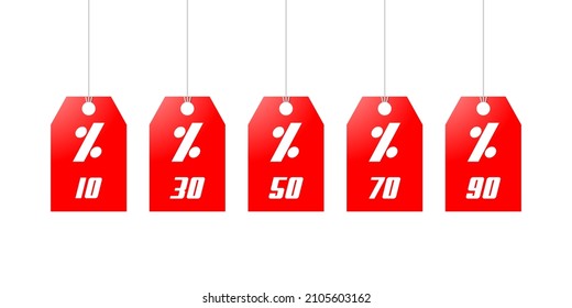 Red labels with  percent sign and numbers, discount sign
